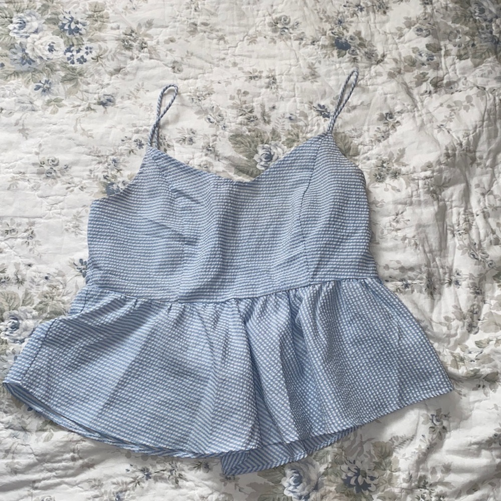 Spaghetti strap white and blue striped shirt